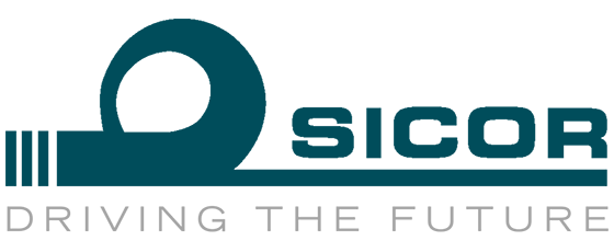 Logo firmy Sicor, znanej z produkcji silników i komponentów dźwigowych wysokiej jakości.